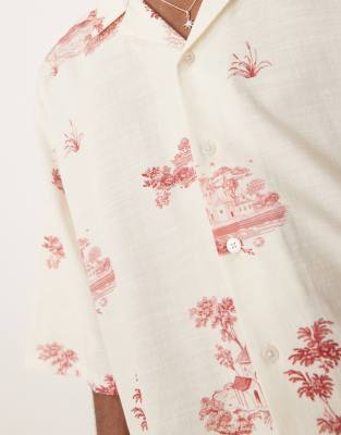 Asos Design Oversized Camp Collar Shirt With Scenic Print In Neutral