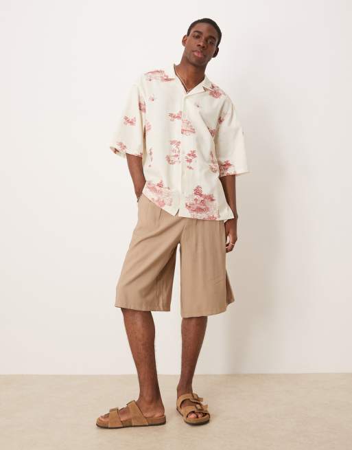 ASOS DESIGN oversized camp collar shirt with scenic print in beige