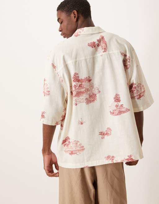 ASOS DESIGN oversized camp collar shirt with scenic print in beige
