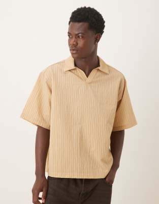 Asos Design Oversized Camp Collar Textured Shirt In Neutral