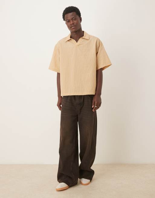 ASOS DESIGN oversized camp collar textured shirt in tan, 2 of 5