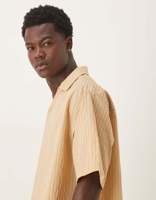 ASOS DESIGN oversized camp collar textured shirt in tan, 4 of 5