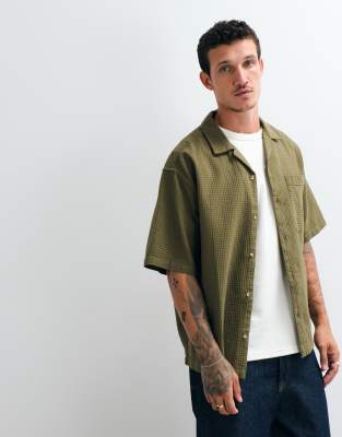 Asos Design Oversized Camp Collar Waffle Shirt In Green
