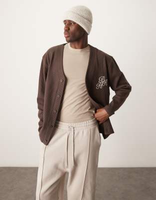 Asos Design Oversized Cardigan In Waffle Texture With Chest Embroidery In Brown