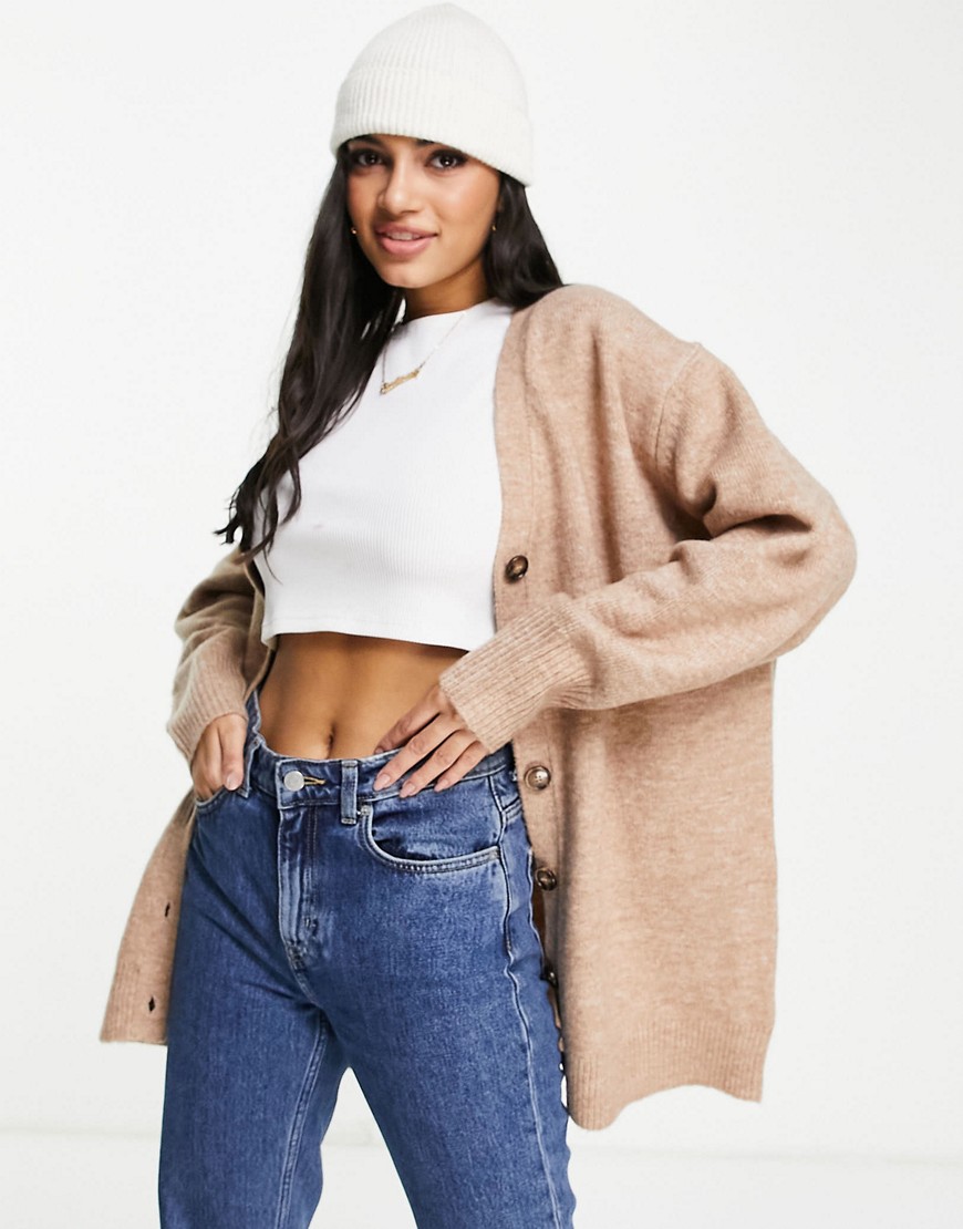ASOS DESIGN oversized cardigan with button through in camel-Neutral