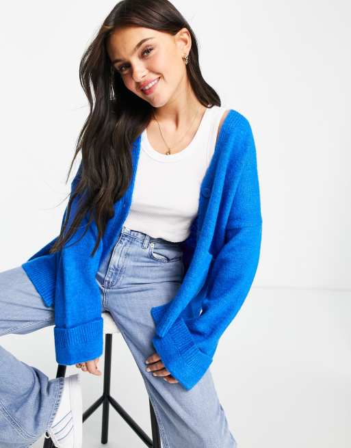 ASOS DESIGN oversized cardigan with turnback cuff and pocket in blue