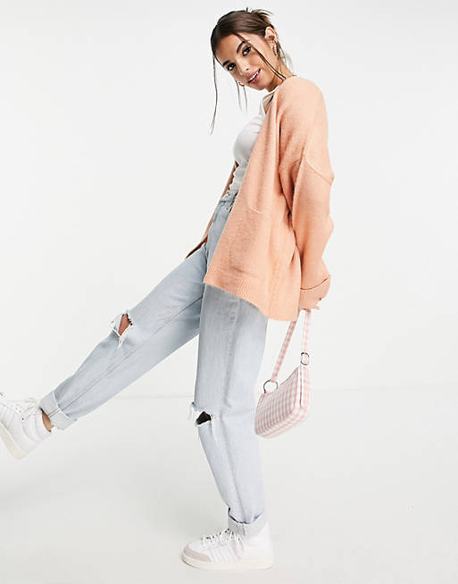 Women oversized cardigan with turnback cuff and pocket in dusky pink 