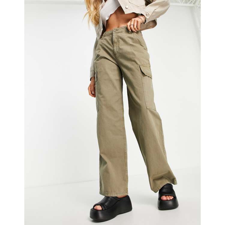 Khaki Wide Leg Cargo Pants, Pants