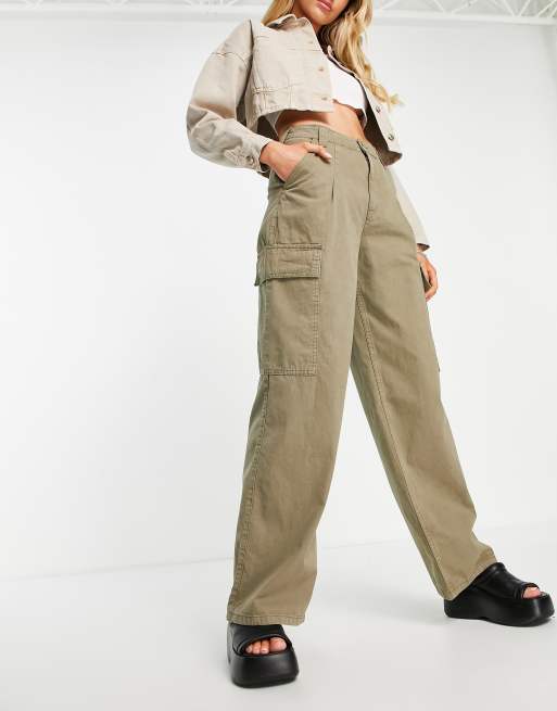 HOUZHOU Womens Khaki Cargo Pants With Oversized Pockets And Wide