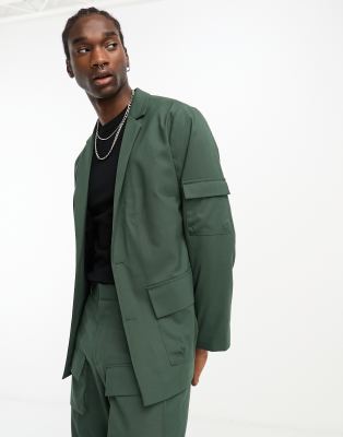 Asos Design Oversized Cargo Pocket Suit Jacket In Green