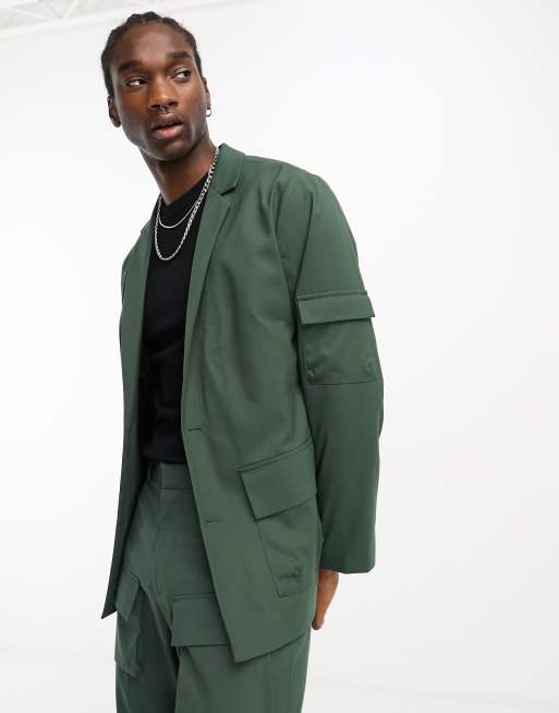 ASOS DESIGN oversized cargo pocket suit jacket in green | ASOS