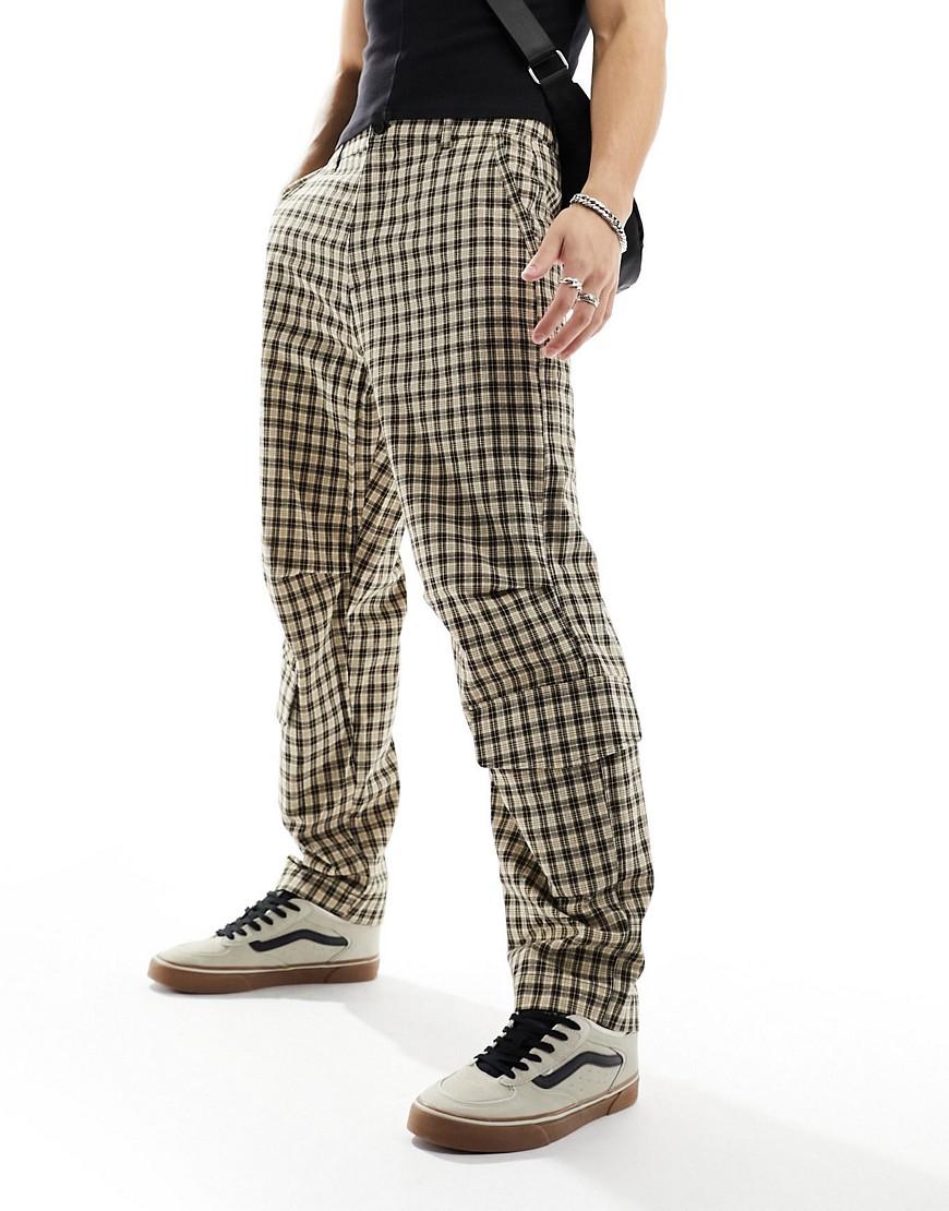 ASOS DESIGN oversized cargo trousers in check print-Brown