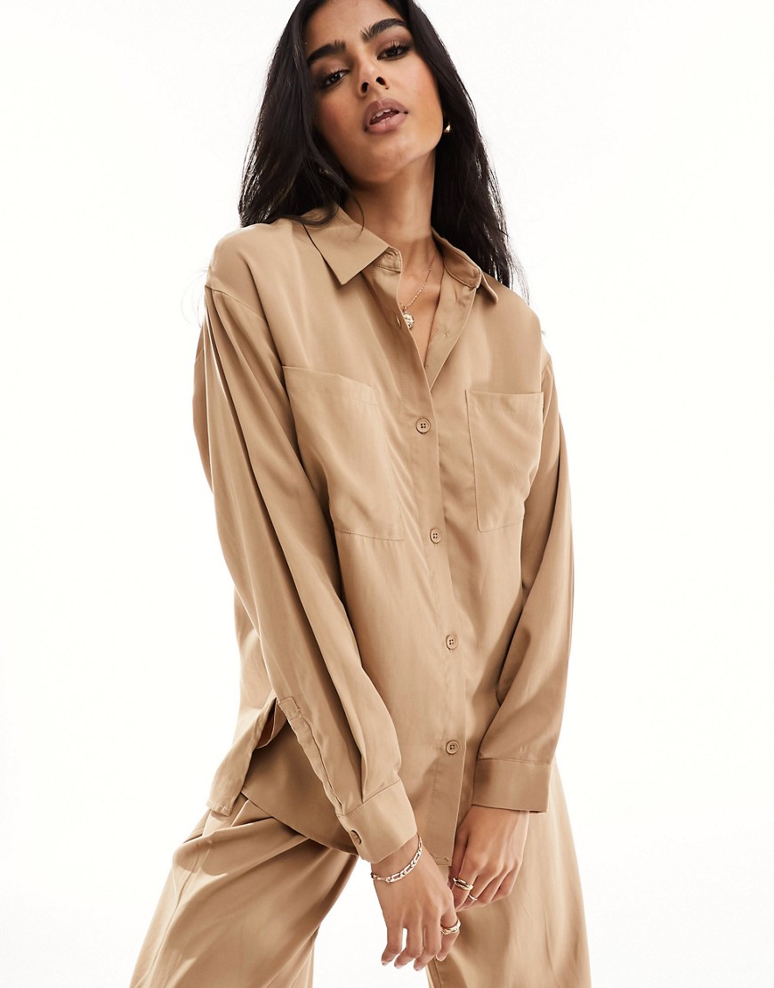 Asos Design Oversized Casual Shirt In Camel - Part Of A Set-neutral