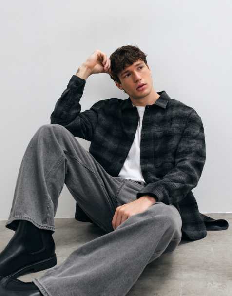 ASOS DESIGN oversized check flannel shirt in charcoal - view 1