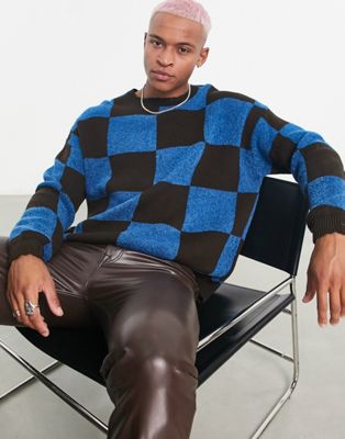 ASOS DESIGN oversized check print knitted jumper in blue and brown