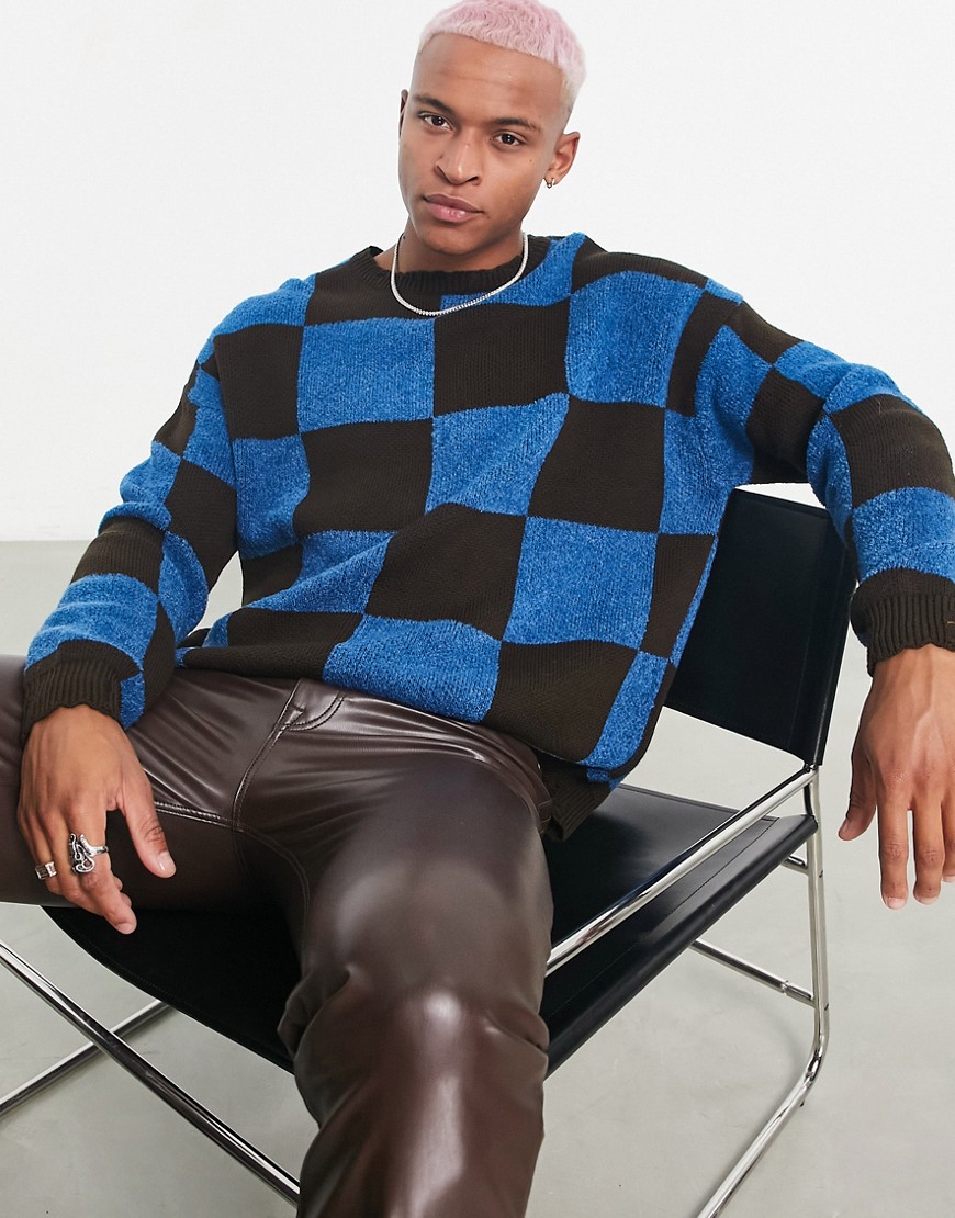 ASOS DESIGN oversized check print knitted sweater in blue and brown-Multi