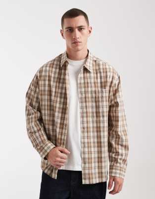 ASOS DESIGN oversized check shirt in beige-Neutral
