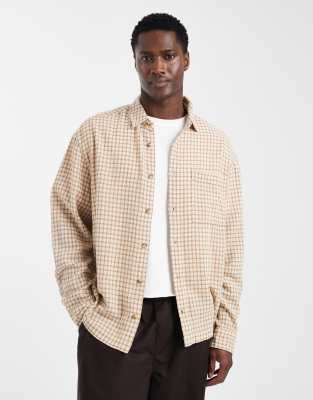 Asos Design Boxy Plaid Shirt With Pocket In Neutral