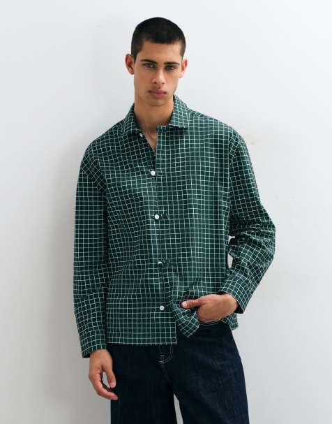 ASOS DESIGN oversized check shirt with button loop detail in dark green - view 1