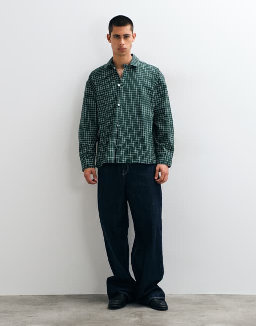 ASOS DESIGN oversized check shirt with button loop detail in dark green, 2 of 5