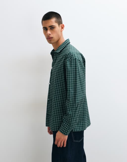 ASOS DESIGN oversized check shirt with button loop detail in dark green, 3 of 5