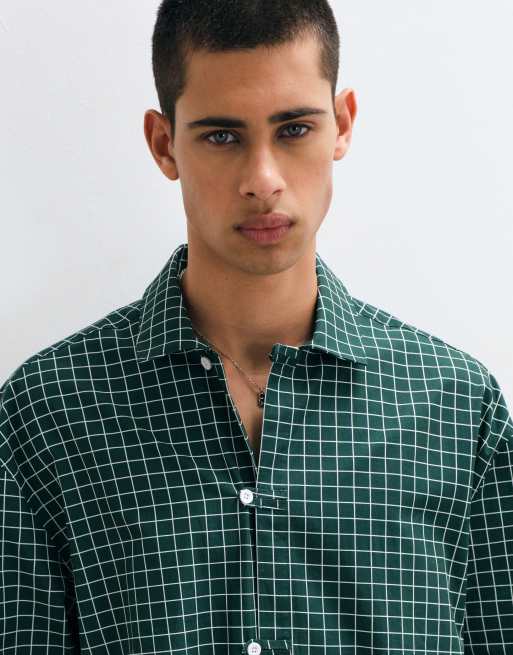 ASOS DESIGN oversized check shirt with button loop detail in dark green, 4 of 5