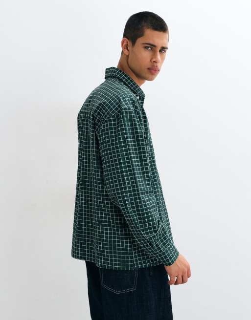ASOS DESIGN oversized check shirt with button loop detail in dark green, 5 of 5
