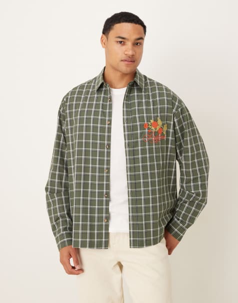 ASOS DESIGN oversized check shirt with chest embroidery in green - view 1