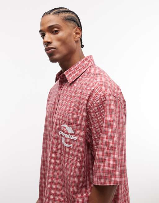 ASOS DESIGN oversized check shirt with chest embroidery in red, 2 of 5