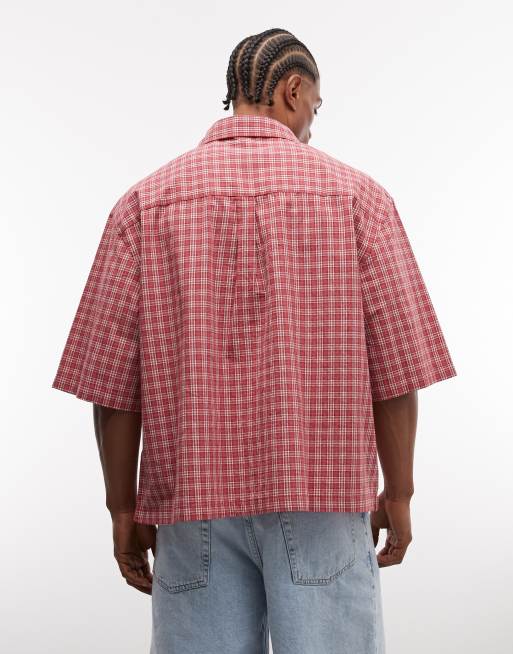 ASOS DESIGN oversized check shirt with chest embroidery in red, 5 of 5