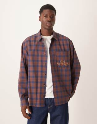 Asos Design Oversized Check Shirt With Chest Embroidery In Burgundy