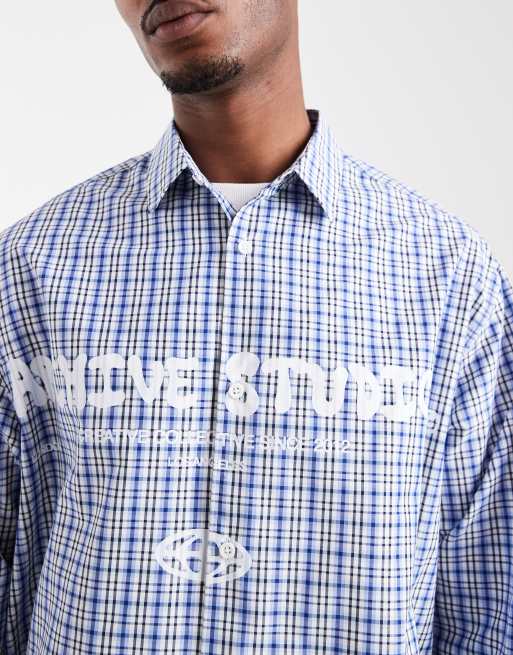 .ASOS DESIGN oversized check shirt with chest print in blue, 5 of 5