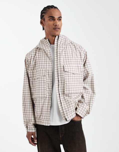 ASOS DESIGN oversized check windbreaker in ecru - view 1
