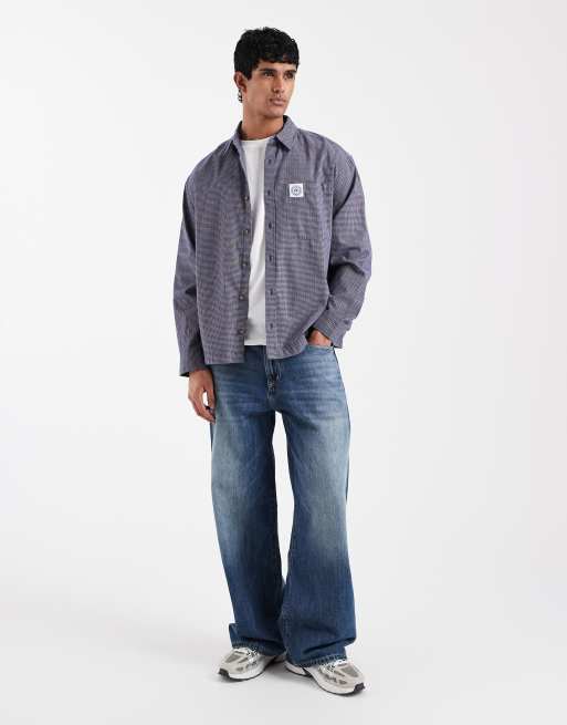ASOS DESIGN oversized checked shirt with chest badge in navy, 3 of 5