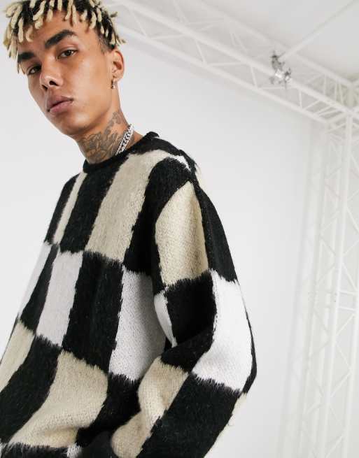 ASOS DESIGN oversized checkerboard jumper in fluffy yarn