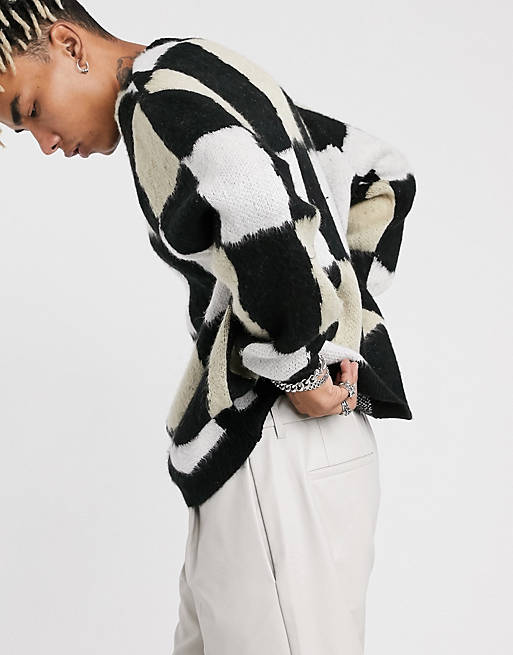 ASOS DESIGN oversized checkerboard sweater in fluffy yarn