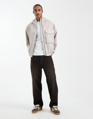 Asos Design Oversized Checkered Windbreaker In Neutral