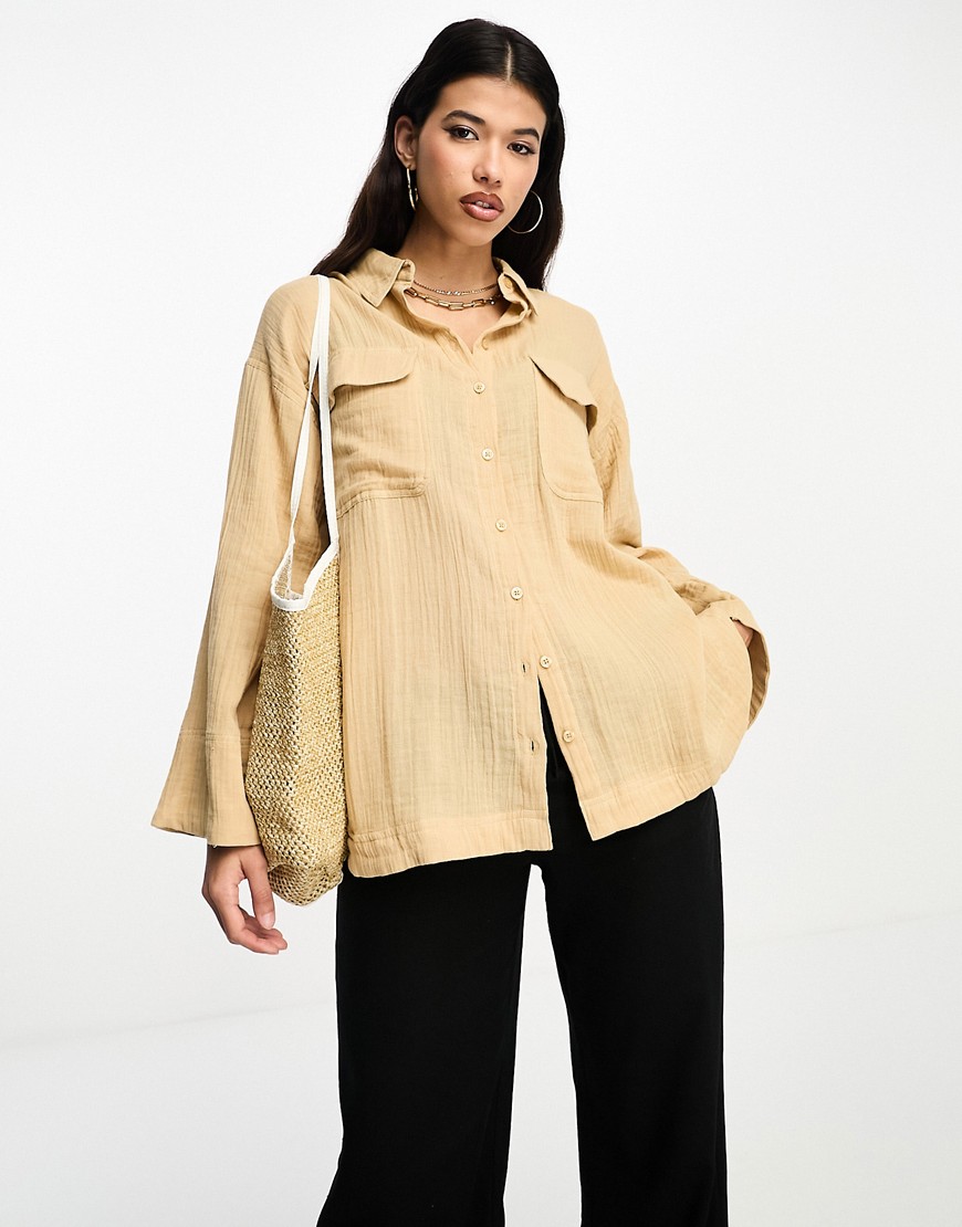 Asos Design Oversized Cheesecloth Shirt In Stone-neutral