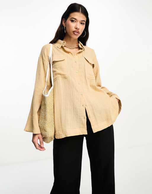 ASOS DESIGN knot front shirt in cheesecloth in mushroom