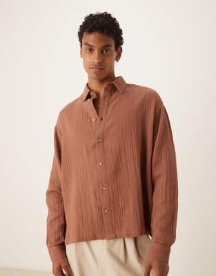 Asos Design Oversized Cheesecloth Textured Shirt In Brown