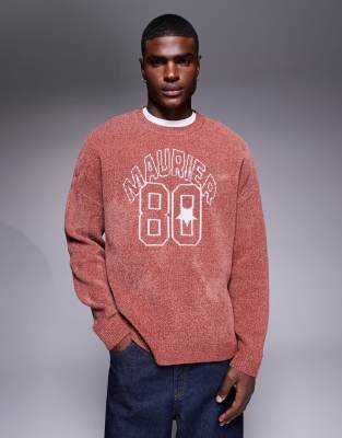 Asos Design Oversized Chenille Knit Sweater With Maurier 80 Graphics In Pink