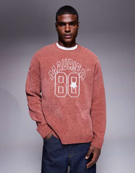  ASOS DESIGN oversized chenille knit sweater with Maurier 80 graphics in red 