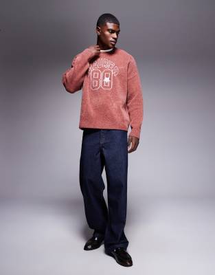 Asos Design Oversized Chenille Knit Sweater With Maurier 80 Graphics In Pink