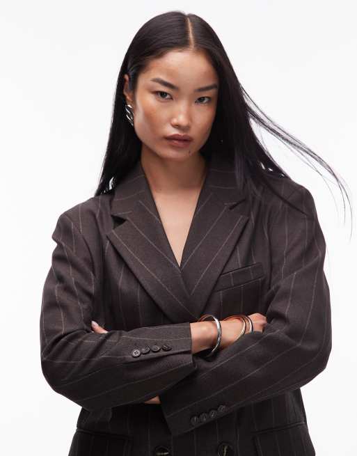 ASOS DESIGN - Oversized chokoladebrun dobbeltradet blazer med nålestriber - Del af sæt, 3 af 4