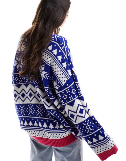 ASOS DESIGN oversized Christmas jumper in fairisle pattern with contrast  trim in blue