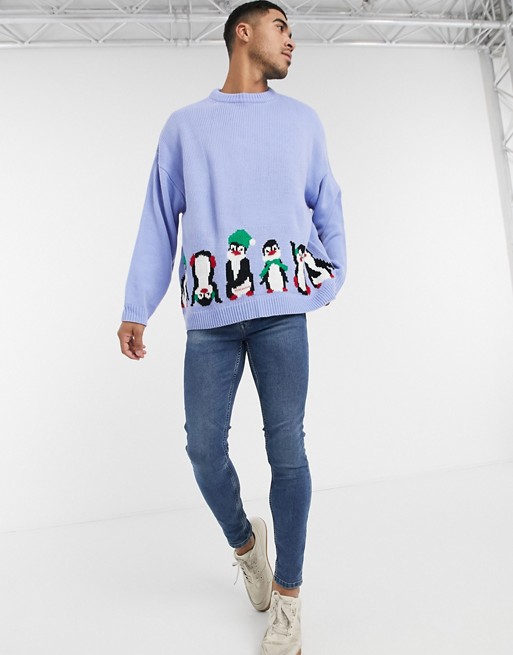 ASOS DESIGN oversized christmas jumper with front and back penguin design