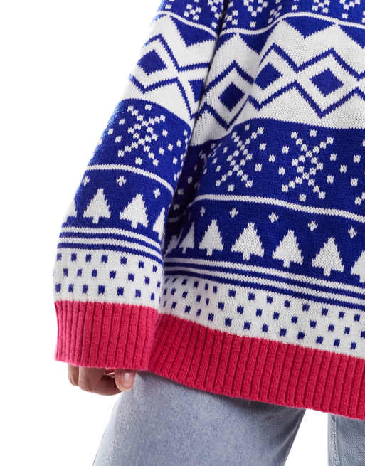 ASOS DESIGN oversized Christmas sweater in fairisle pattern with contrast  trim in blue