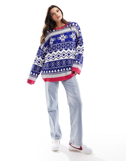 ASOS DESIGN oversized Christmas sweater in fairisle pattern with contrast  trim in blue