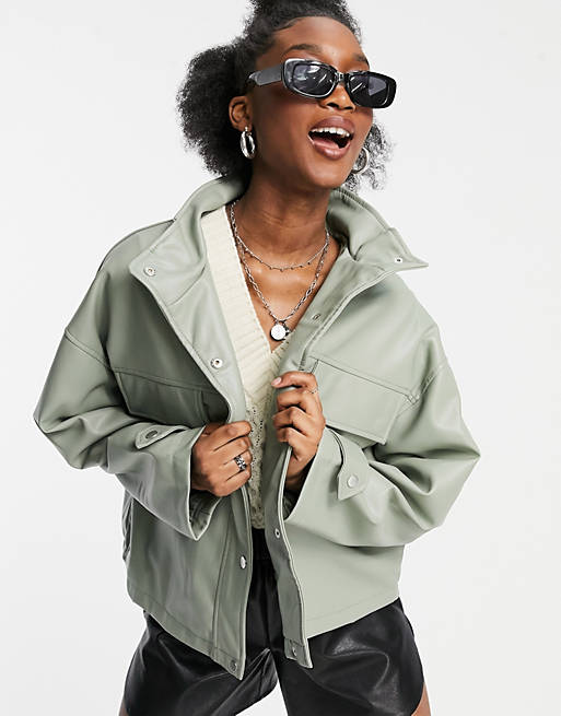 Women oversized chuck on faux leather jacket in sage 