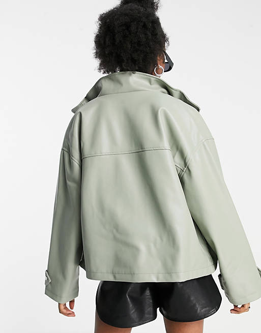 Women oversized chuck on faux leather jacket in sage 